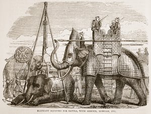 Olifant uitgerust voor de strijd, met harnas, howdah, enz., illustratie uit Cassells Geïllustreerde Geschiedenis van India door James Grant, uitgegeven 1879 door English School