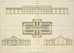 Hoogtes en grondplan van een kas, uit Hints on the Formation of Gardens and Pleasure Grounds door John Claudius Loudon (1783-1843) gepubliceerd 1812 door English School