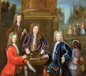 Elihu Yale (1648-1721) de tweede hertog van Devonshire, Lord James Cavendish, Mr Tunstal en een page, c.1708