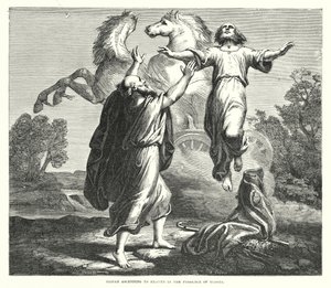 Elia stijgt op naar de hemel in de aanwezigheid van Elisa (gravure)