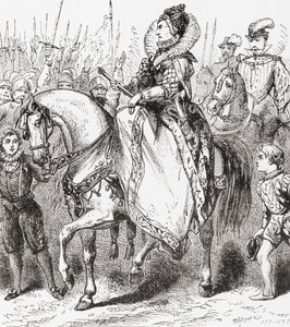 Elizabeth I inspecteert haar troepen in Tilbury Port, 1588, uit Ward en Locks Geïllustreerde Geschiedenis van de Wereld, pub. c.1882