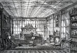Elizabethaanse eetkamer, gepubliceerd in The House-Furnisher & Decorator, 1 oktober 1872 door English School