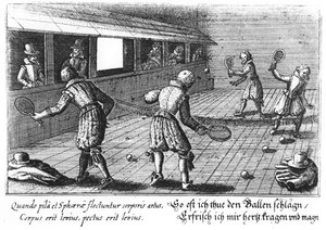 Elizabethaanse tennis (gravure)