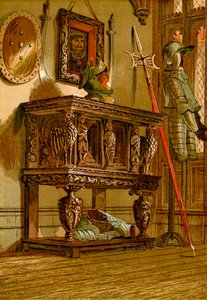 Elizabethaanse buffetkast of kast in Warwick Castle (ingekleurde gravure) door English School