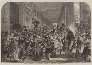Kinderen inhuren voor de kerstpantomime in het Drury Lane Theatre (gravure) door English School