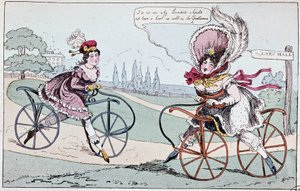Engelse cartoon over hobby paarden in 1819 (eerste fietsen) - in 