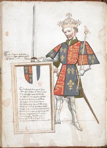Engelse koning in harnas en tabberd (Richard II), die een plaquette met verzen overhandigt.
