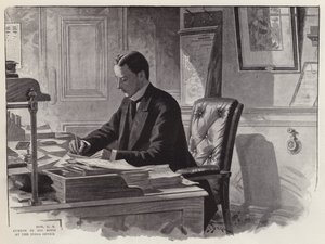 Engelse politicus George Curzon aan het werk in zijn kantoor bij het India Office door English School