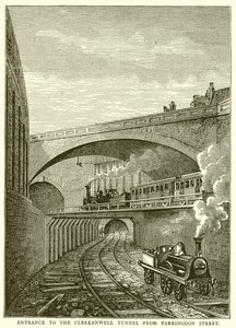 Ingang van de Clerkenwell Tunnel vanaf Farringdon Street door English School