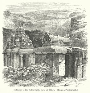 Ingang tot de Indra Subha-grot in Ellora (gravure) door English School