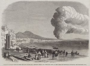 Uitbarsting van de Vesuvius nabij de voet van de heuvel, tussen Resina en Torre del Greco, gezien vanaf de Marinella in Napels (gravure) door English School
