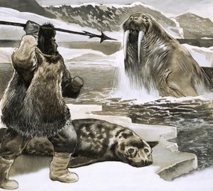 Eskimo die een walrus aanvalt door English School