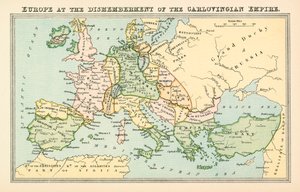 Europa bij het uiteenvallen van het Carlovingische Rijk (kleurenlitho) door English School