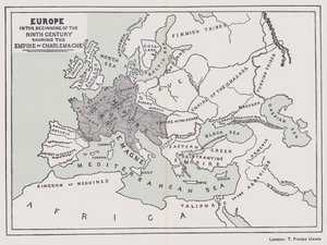 Europa, aan het begin van de negende eeuw met het rijk van Karel de Grote (kleur litho) door English School