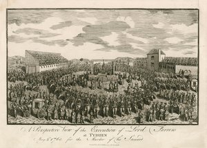 Executie van Lord Ferrers op Tyburn, 5 mei 1760, voor moord op zijn steward (gravure) door English School