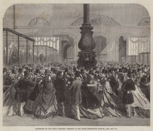 Tentoonstelling van de Koninklijke Huwelijksgeschenken in het South Kensington Museum (gravure) door English School