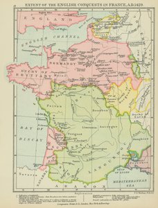 Omvang van de Engelse veroveringen in Frankrijk, 1429 na Christus (kleurenlitho) door English School