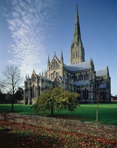 Buitenaanzicht van de kathedraal van Salisbury, 1220-58 door English School