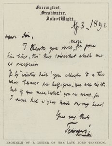 Facsimile van een brief van wijlen Lord Tennyson door English School
