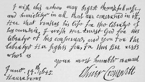 Facsimile van een deel van de brief geschreven door Cromwell aan Lenthall, Spreker van het Lagerhuis, waarin de Overwinning van Naseby wordt aangekondigd door English School