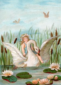 Fee Rijdt op een Witte Zwaan Tussen Lisdodden en Waterlelies