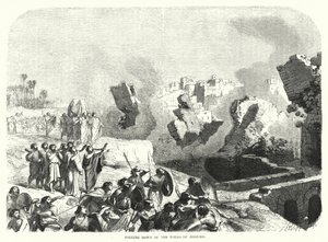 Het instorten van de muren van Jericho (gravure) door English School