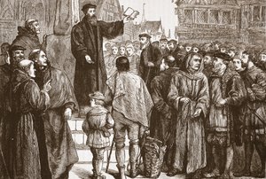 Farel predikt op de markt van Neuchâtel, illustratie uit De Geschiedenis van het Protestantisme door James Aitken Wylie, gepubliceerd in 1878