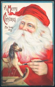 Kerstman schildert hobbelpaard, kerstkaart
