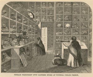 Kledingwinkel voor vrouwelijke gevangenen in Tothill Fields Prison door English School