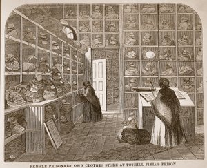 Kledingwinkel voor vrouwelijke gevangenen in Tothill Fields Prison, illustratie uit The Criminal Prisons of London and Scenes from Prison Life door Henry Mayhew en John Binny, uitgegeven in 1862