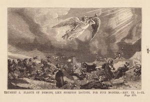 Vijfde engel die een plaag van demonen brengt, als schorpioen sprinkhanen, gedurende vijf maanden (gravure)