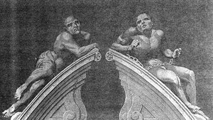 Figuren boven de poort van Bethlehem Hospital, gegraveerd door A. Birrell voor Lamberts Geschiedenis van Londen, 1805 door English School
