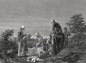 Het vinden van de kleuren van het 24e Regiment na de slag bij Chillianwallah, ca. 1850 (gravure)
