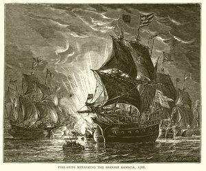Branderschepen vallen de Spaanse Armada aan, 1588