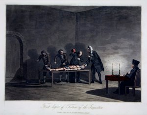 Eerste graad van marteling van de inquisitie, gegraveerd door L.C. Stadler, uitgegeven door Cadell & Davies, Londen, c.1813