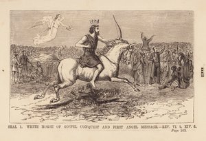Eerste zegel, wit paard van evangelieverovering en eerste engelenboodschap (gravure)