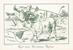 Visser gegooid door stier, kerstkaart door English School