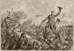 Fletchers verdediging van het redoubt bij Tanjore, illustratie uit Cassells Geïllustreerde Geschiedenis van India door James Grant, uitgegeven 1879