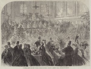Bloemenshow van de United Horticultural Society, Albion Hall, Moorgate-Street (gravure) door English School