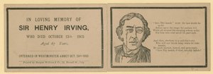 Vouwkaart ter herdenking van het overlijden van Sir Henry Irving, acteur, die stierf op 13 oktober 1905