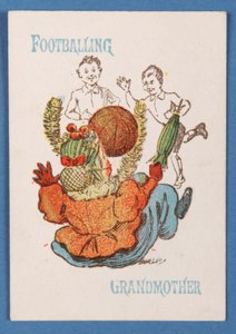 Voetballende grootmoeder uit het kaartspel Happy Families, ca. 1890-1900 door English School