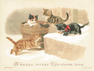 Vier Kleine Kittens aan het Spelen, Kerstkaart door English School