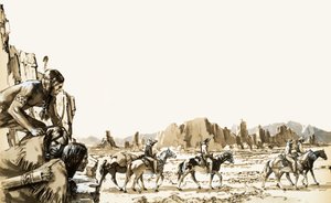 Vier mannen op weg naar Funeral Mountain en Death Valley daarachter door English School