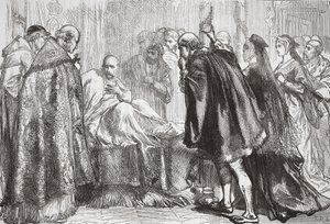 Frans I op zijn sterfbed, illustratie uit De Geschiedenis van het Protestantisme door James Aitken Wylie, gepubliceerd in 1878