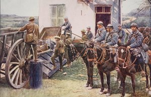Franse lansiers arriveren bij een dorpspost, ter hulp van de Britse troepen door English School