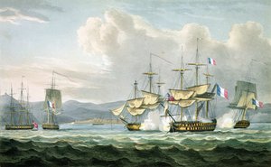 Fregat actie in Vizagapatam Roads, voor de kust van India, 18 september 1804, gegraveerd door T. Sutherland voor The Naval Chronology of Great Britain door J. Ralfe, gepubliceerd 1820