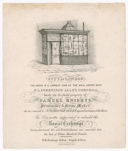 Voorzijde van No 3, Sweetings Alley, Cornhill, onlangs eigendom van Samuel Knights, prentverkoper en lijstenmaker door English School