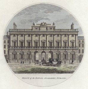 Voorzijde van de Royal Academy, Strand, Londen (gekleurde gravure) door English School