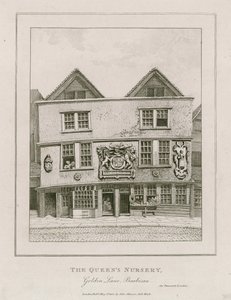 Voorkant van het Fortune theater, zoals het eruitzag in 1800 nadat het in een winkel was veranderd door English School