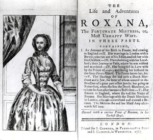 Frontispice en Titelpagina voor The Life and Adventures of Roxana door Daniel Defoe, gepubliceerd 1765